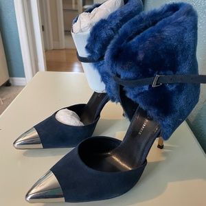 June Ambrose Cobalt Blue faux fur cuff high heels 7
